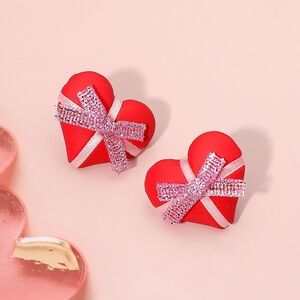 Red Heart Stud Earrings 0.9" Gift Wrapped Ribbon Polymer Post Fashion Jewelry